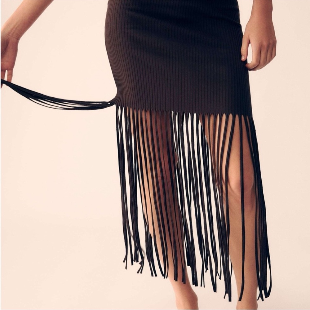 ZARA Brown Ribbed Fringe Skirt festivalโ western sz M